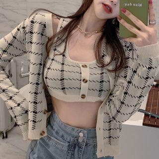 Set: Sleeveless Plaid Cropped Top + Cardigan