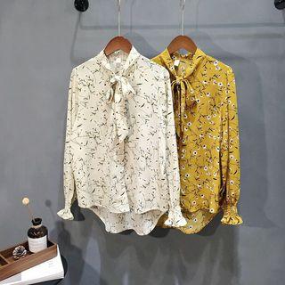 Long-sleeve Tie-neck Floral Frilled Blouse