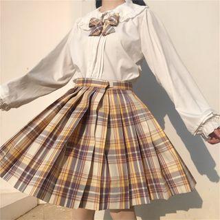 High-waist Plaid Skirt / Long-sleeve Plain Blouse /