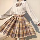 High-waist Plaid Skirt / Long-sleeve Plain Blouse /