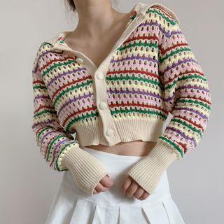 Collar Striped Cropped Cardigan