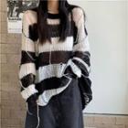 Distressed Two-tone Striped Knit Top Black & White - One Size