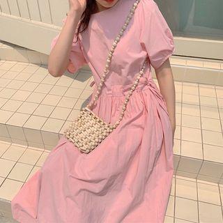Balloon-sleeve A-line Midi Dress Pink - One Size