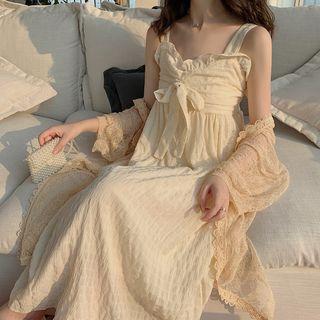 Sleeveless Ribbon A-line Midi Dress / 3/4-sleeve Lace Light Jacket