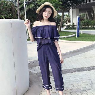 Set: Flounced Off-shoulder Elbow-sleeve Top + Wide-leg Pants