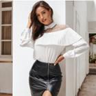 Collared Mesh Panel Pleated Blouse