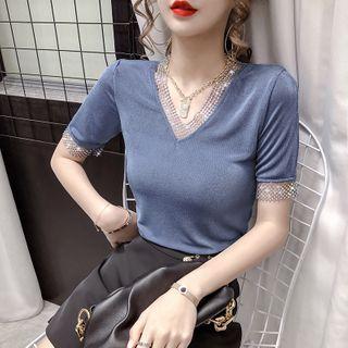 Mesh Panel Short-sleeve V-neck T-shirt