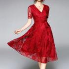 Lace V-neck Short-sleeve A-line Dress