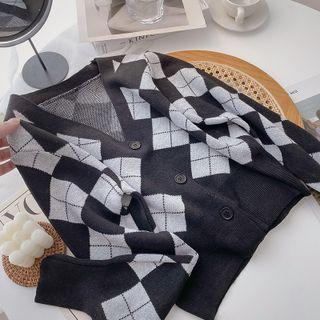 Long-sleeve Argyle Cardigan Black & Gray - One Size