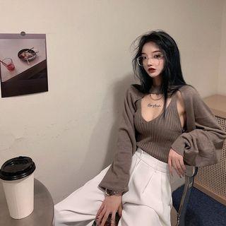 V-neck Plain Sleeveless Top / Plain Cardigan / Plain Wide Leg Pants
