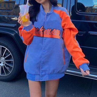 Long Sleeve Lettering Color-block Loose-fit Bomber Jacket
