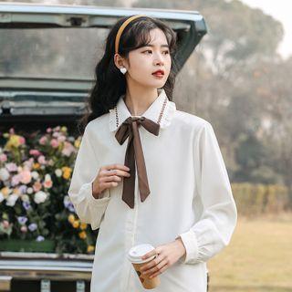 Ribbon Tie-neck Shirt White - One Size