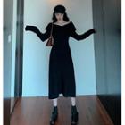 Long-sleeve Off-shoulder Knit Midi A-line Dress Black - One Size