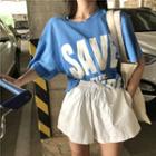 Elbow-sleeve Letter T-shirt Light Blue - One Size