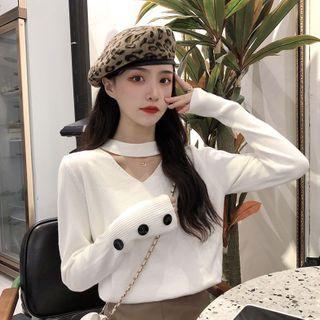 Choker-neck Plain Knit Top