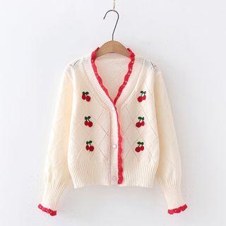 Cherry Embroidered Frilled Knit Cardigan