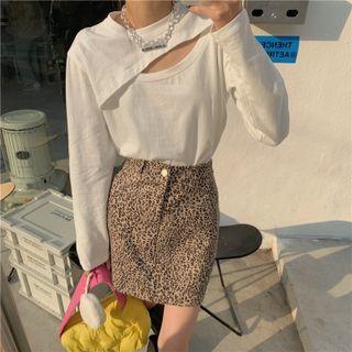 Cutout Plain Long-sleeve T-shirt / Leopard Printed High-waist A-line Mini Skirt