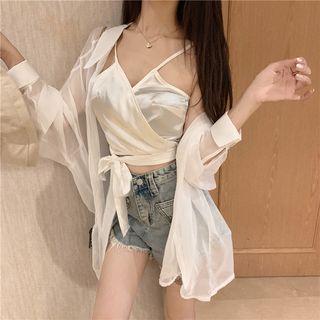 Tie-hem Cropped Wrap Top / Loose-fit Sheer Light Shirt