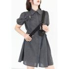 Short-sleeve Drawstring Check Mini A-line Shirtdress