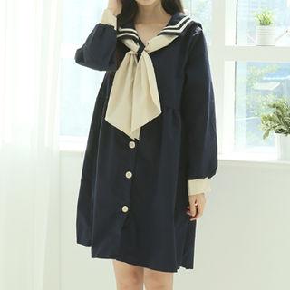 Sailor-collar Shirtdress & Scarf Navy Blue - One Size