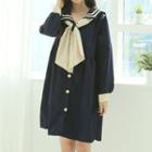 Sailor-collar Shirtdress & Scarf Navy Blue - One Size