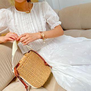 Set: Short-sleeve Lace Blouse + A-line Midi Skirt