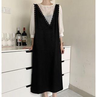Plain Long Sleeve Top / Lace Trim Sleeveless Dress