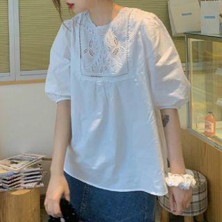 Short-sleeve Eyelet Lace Panel Blouse White - One Size