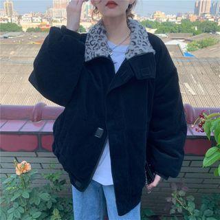 Corduroy Zip-up Leopard Printed Jacket