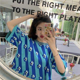 Short-sleeve Floral Knit Top Blue - One Size