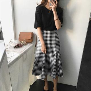 Band-waist Gingham Flare Skirt