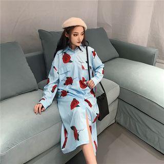Rose Print Long Shirt Light Blue - One Size