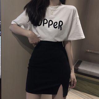 High Waist Skirt + Letter Short Sleeve T-shirt Set