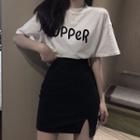 High Waist Skirt + Letter Short Sleeve T-shirt Set