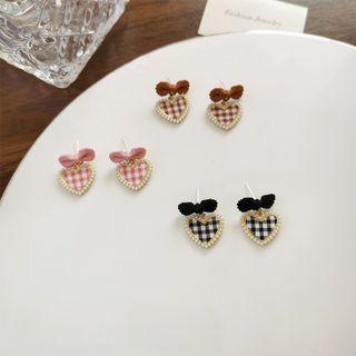Bow Faux Pearl Heart Plaid Alloy Dangle Earring