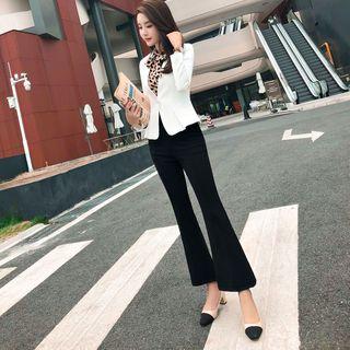 Printed Tie-neck Shirt / Plain Blazer / Boot-cut Dress Pants / Set