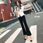 Printed Tie-neck Shirt / Plain Blazer / Boot-cut Dress Pants / Set