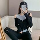 Mock Two-piece Contrast Long-sleeve Cutout Top Dark Gray - One Size