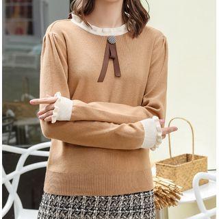 Ruffle-trim Knit Sweater Khaki - One Size