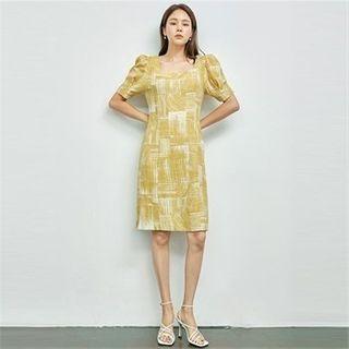 Square-neck Puff-sleeve Patterned Dress