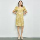 Square-neck Puff-sleeve Patterned Dress