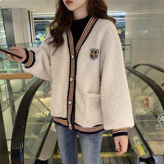 Contrast Trim Fleece Cardigan Off-white - One Size