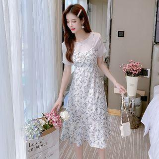 Set: Short Sleeve Plain Top + Sleeveless Floral A-line Dress