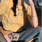 Short-sleeve Floral Embroidered Cable Knit Top