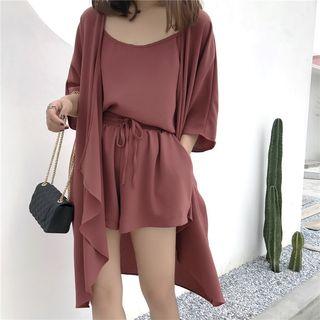 Plain 3/4 Sleeve Coat/ Set: Plain Camisole Top + Drawstring Shorts