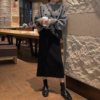 Dotted Sweater / Back Slit Midi Knit Skirt / Set