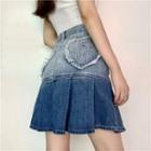 Washed Pleated Mini A-line Denim Skirt