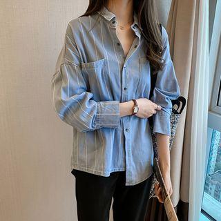 Striped Panel Denim Long-sleeve Shirt