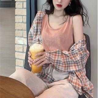 Plain Knit Tank Top / Plaid Shirt