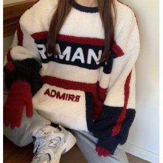 Long-sleeve Lettering Color-block Fleece Sweatshirt Navy Blue & Red - One Size